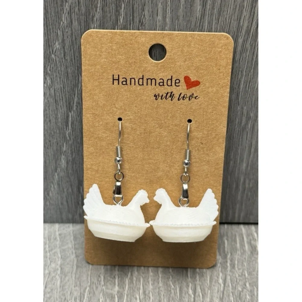 Hen on Nest HON Chicken Earrings‎ Farmhouse Hypoallergenic Milk White Handmade